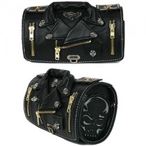 Korean custom car front bag black leather zipper handsome personality cool skull rivet locomotive riding pull points