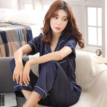Pajamas women ice silk suit spring and autumn summer silk summer short sleeve pants home clothing cute two-piece set ladies