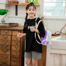 Girls plaid pants 2021 new Korean version of the letter loose T-shirt set summer childrens birthday tide fan two-piece set