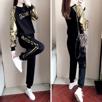 Net red fried street skinny plus velvet clothes two-piece female 2020 autumn and winter New Korean version of temperament leisure sports set