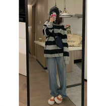 chic harbor style striped pullover sweater female 2021 Spring and Autumn New Korean version loose American retro top tide ins