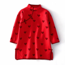 Girl Sweater Skirt Autumn Winter Long Sleeve Dress Red Chinese Qipao Double Layer Thickened Children National Wind New Year Dress Dress