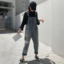 Net red denim back with pants woman 2021 spring and summer new fashion small sub-harnesses broadleg one-piece pants for a long time