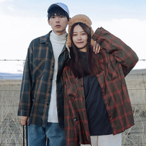 Spring and autumn Joker contrast Plaid long sleeve shirt men 2021 New Fashion Couple loose Tide brand shirt coat