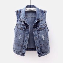 Denim vest womens short Korean version of the spring new wild hole jacket sleeveless waistband slim-fit top cardigan tide