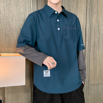 Long-sleeved shirt mens spring and autumn Korean trend fake two-piece shirt mens versatile casual handsome autumn jacket