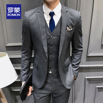 Luo Meng autumn winter suit suit suit men Korean version of slim stripe business casual dress groom wedding dress suit
