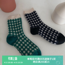 ins tide net red plaid socks female double needle two-way middle cylinder cotton socks thickened warm green heaps stockings