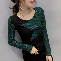 Europe station 2020 Spring and autumn new womens clothing web-yarn splicing t-shirt woman long sleeve bright sheet foreign air blouses undershirt tide