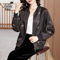 Black veil silk jacket womens short spring and autumn new long-sleeved loose large size baseball uniform jacket mother