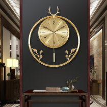 Pure copper light luxury round living room wall clock Household fashion luxury clock watch New Chinese style Chinese style mute copper hanging watch