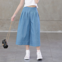 Girls pure cotton cropped trousers summer dress foreign style in 2022 big childrens loose casual pleated wide-leg pants thin section trousers