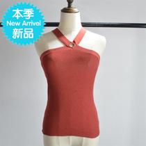 1-=5 summer new halter neck cross stretch solid color=elastic horn y wooden ear edge knitted suit female