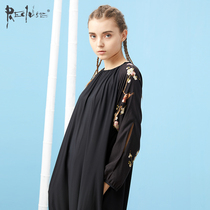 RECLUSE drunk night Chinese style Zen fine brushwork double sleeves retro flower and bird print long loose dress