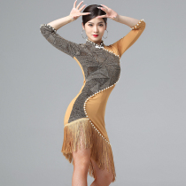 Latin dance dress practice women adult performance competition high-end cheongsam collar Pearl tassel sexy slim dress