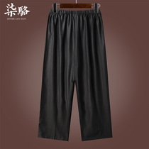 Tang suit men mulberry silk straight pants Xiangyun yarn elastic waist pants Chinese style silk casual shorts for the elderly