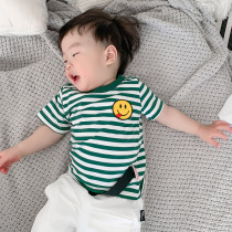 Male baby summer fit infant half sleeve short sleeve green smiley face thin pure cotton boy one-year-old boy striped t-shirt