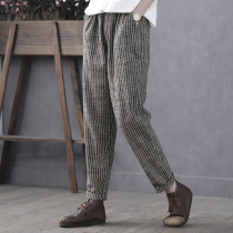 Han Suoyi retro literary autumn new womens pants cotton casual pants womens loose linen striped trousers thin