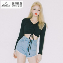 Korea direct mail mixxmix2019 new fashion autumn women V-neck lace-up solid color ultra-short long-sleeved T-shirt