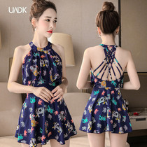  Swimsuit women are thin and cover their stomachs Korean ins style conservative one-piece boxer small chest gathered backless holiday swimsuit