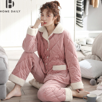 Home daily thickened plus velvet fabric~Warm in winter pajamas Autumn and winter female coral velvet three-layer padded