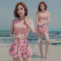 Korean female swimsuit split flat corner skirt two-piece set high waist thin fairy fan gather small chest hot spring