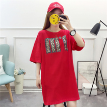 Short sleeve medium and long T-shirt women plus size 200 jin summer loose Korean version of students Joker half sleeve coat women