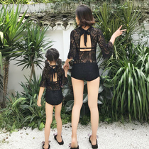 Parent-child swimsuit Female mother-daughter new bikini three-piece set childrens swimsuit Medium and large childrens lace childrens swimsuit black