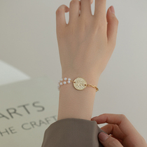 Double Layer Pearl Bracelet Woman Temperament Brief ins Tide Fashion Summer Portrait Gold Coin Chain Europe and America Exaggerated Hand Accessories