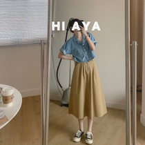 Literary khaki umbrella skirt fashion ins Japanese long high waist slim cotton a-shaped Hong Kong style overwear skirt women