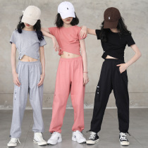 Girls  casual sports suit 2021 summer middle and large childrens loose Western style thin T-shirt two-piece drawstring pants