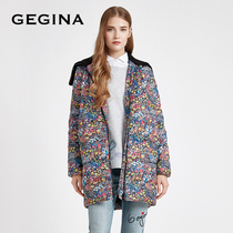 Gigina womens winter New Liberty floral print white goose down down jacket medium length thick coat