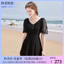 Triple Color 2021 Summer Womens Dress V Collar Lantern Sleeves High Waist Fairy Skirt Short Sleeve Dress D362H1017L10