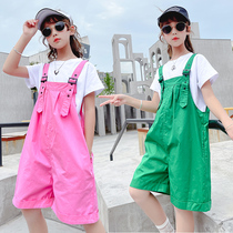Girls  bib shorts suit loose Korean version of the Western style in the big childrens suspenders suit striped shorts big childrens tide