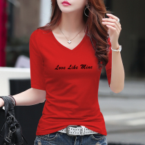 V-neck top female slim red 2021 spring and summer new Half sleeve base shirt tight slim short sleeve t-shirt women