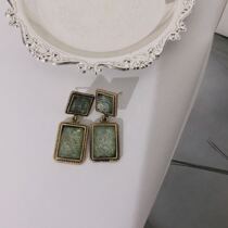 Retro Hong Kong S925 Silver Needle Simple Square Temperament Earrings Silk Emerald Earrings Without Ear Clip Advanced