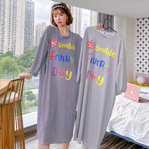 Color Letter Long Sleeve Sleeping Dress Woman Spring Autumn Season Pure Cotton Striped Cute Pyjamas Loose Korean version sweet and beautiful home clothes