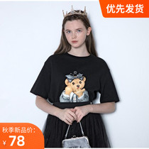 TW bear 2021 summer new rhinestone round neck loose cartoon pattern short sleeve T-shirt female TTRA204C24S