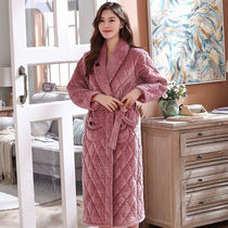 Winter sandwich womens three-layer cotton coral velvet robe extended padded flannel plus size warm pajamas