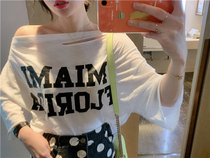 BORAKOO Korea Dongdaemun Summer White ultra-thin one shoulder neckline perforated short-sleeved T-shirt