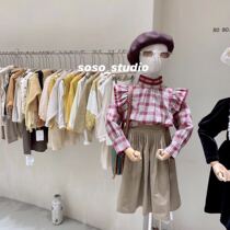  Girls baby Korean childrens clothing Childrens lace plaid small flying sleeve shirt Autumn new girls cotton pleated short skirt