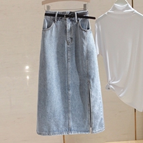 2022 New light-coloured high waist denim half body dress Women in Korean version open fork display slim A word bag hip length dress