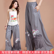 2021 summer new ethnic style casual wide leg pants hand-painted cotton linen long pants loose bloomers elastic waist