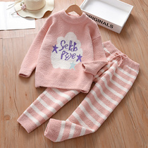 Girls flannel pyjamas 2021 children Womens autumn winter plus suede thickened winter parenting suit Coral Suede Household Clothes