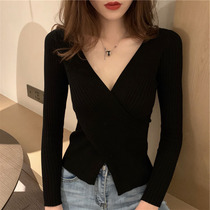 Hong Kong Tide Brand Size Knitted base shirt Womens 2021 New Western Style with Sexy V-neck Short Long Sleeve Top