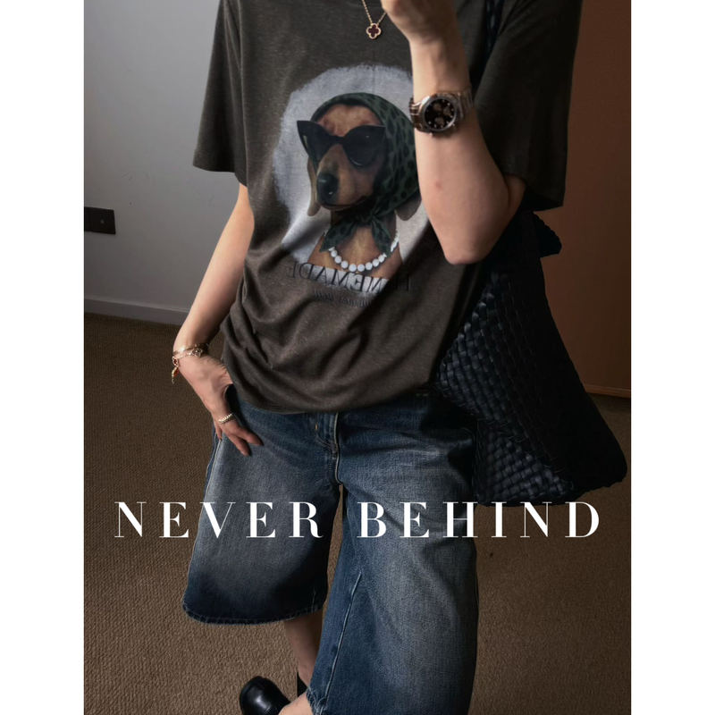 4.8 Cartoon Dog Print Lyocell Linen Cotton Blend T-Shirt for Women 2026 Summer New Style