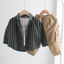 Boys striped shirt long sleeve spring and autumn 2021 autumn childrens thin loose coat coat baby cotton shirt