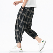 Linen ankle-length pants Summer Thin Harlan Mens Pants Plus Fatten Plus Size Loose Plaid Cotton Lantern 9-point Pants