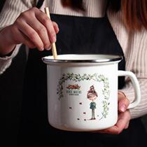 16CM large enamel cup with lid can cool water heating instant noodle bowl Fast food anti-drop nostalgic iron tea jar