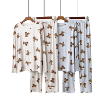 Modale Pajamas Woman Autumn Casual Elastic Long Pants Long Sleeve Small Bear Printed Round Collar Home Conserved Spring Autumn Suit